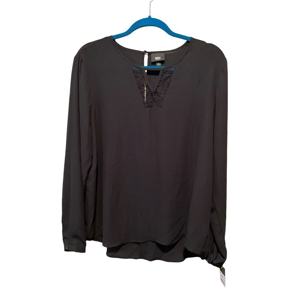 Mossimo Blouse Top Women SZ L Black Long Sleeve Keyhole Neck Pullover‎ Polyester